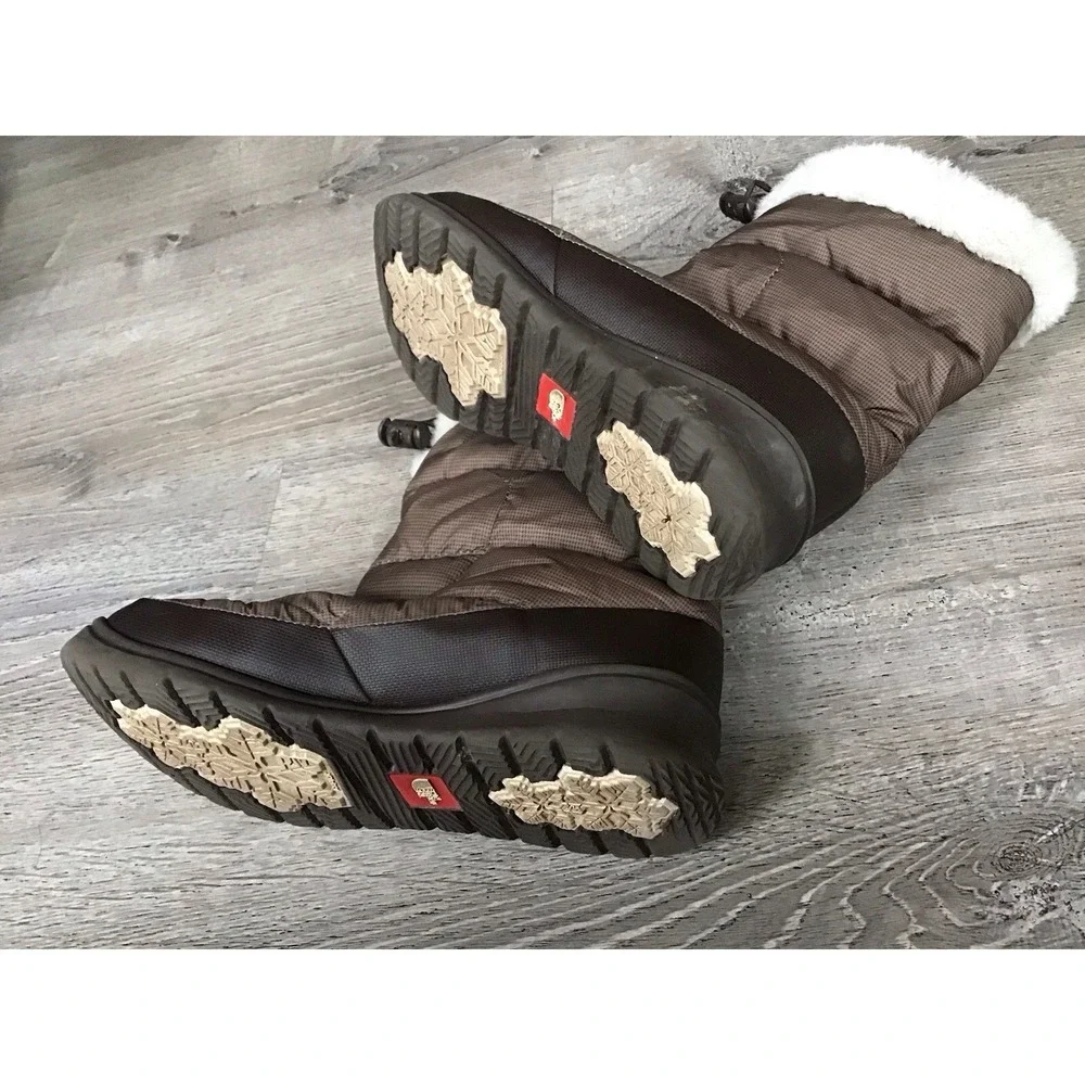 The North Face Womens Size 9 Nuptse Bootie Goose Down Brown Faux Fur Trim Boots